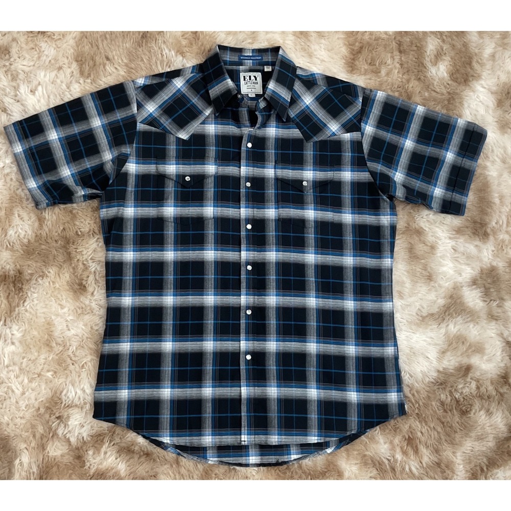 Ely Cattleman Mens Blue Black Plaid Short Sleeve Pearl Snap Western Shirt L